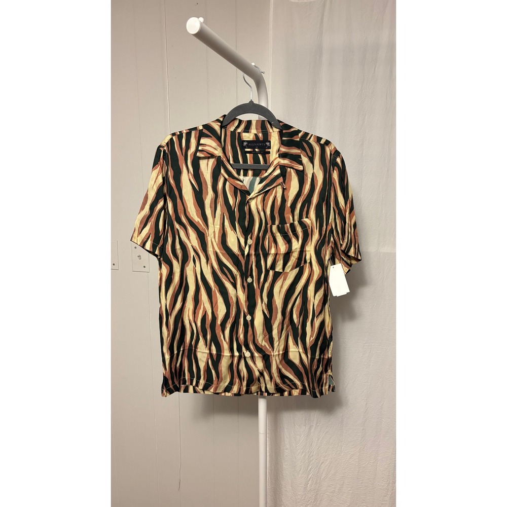 $199 NWT AllSaints Fired Camp Shirt Mens XS Brown Tiger Animal Print - Picture 5 of 11